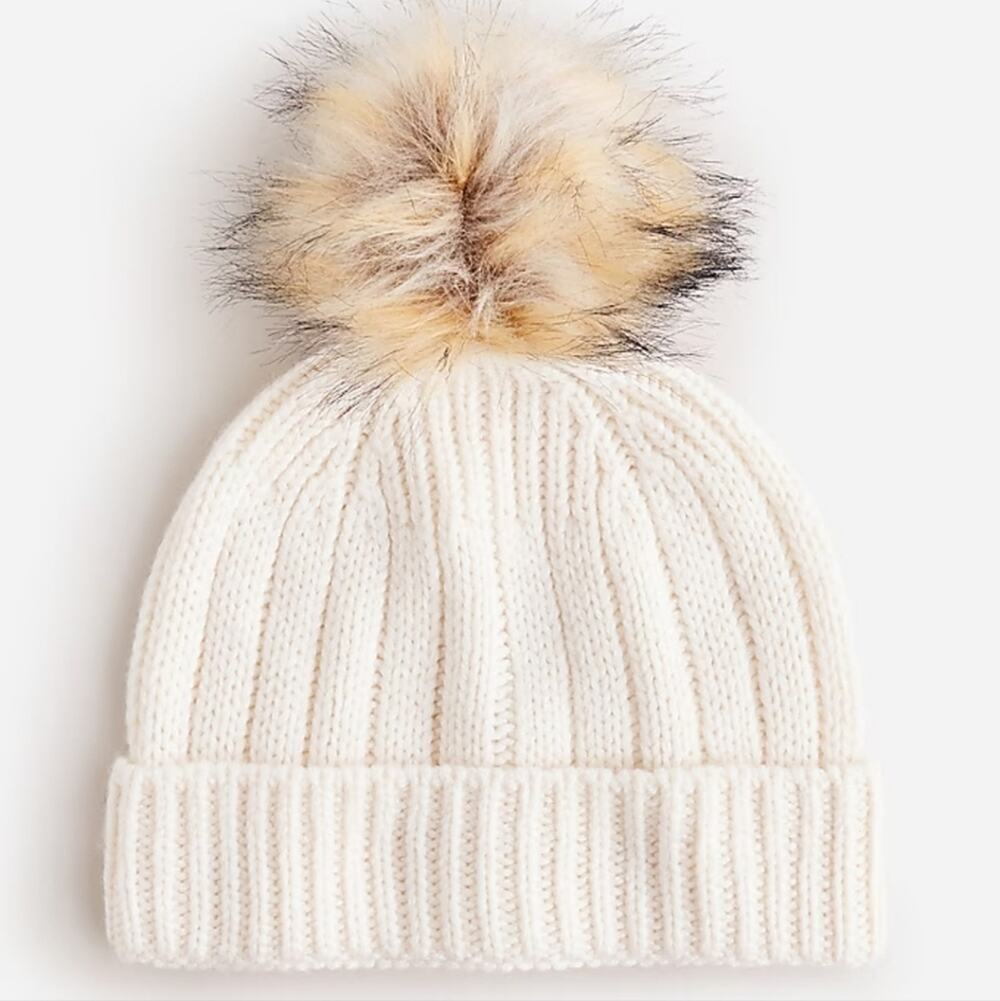 J. Crew NWT Chunky Ribbed Knit Pom Pom Beanie Hat Wool Blend White